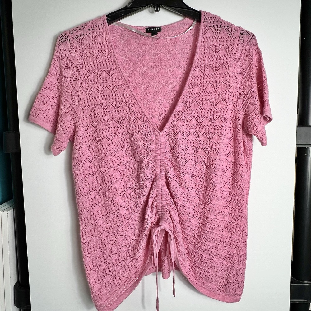 Torrid Pink Crochet Knit Drawstring Ruched‎ Front Top Women's Size 2 Adjustable